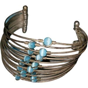 Copper Wires With Turquoise Blue Beads Cuff Bracelet Medium